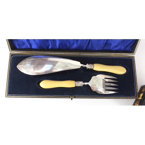 200 - Pair of Victorian silver plated fish servers with ivorine handles and a porcupine quill box