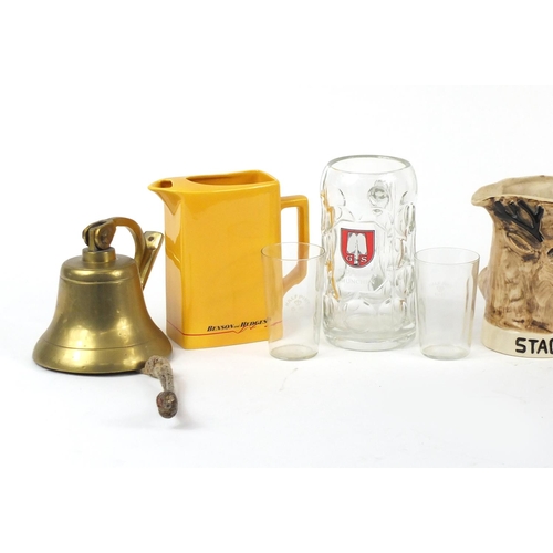 847 - Breweriana including Wade sherry barrels, Stag beer tankard, beer pump and brass bell