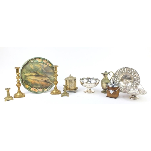234 - Metalwares including Victorian brass candlesticks, silver plated fruit bowls and oak caddy