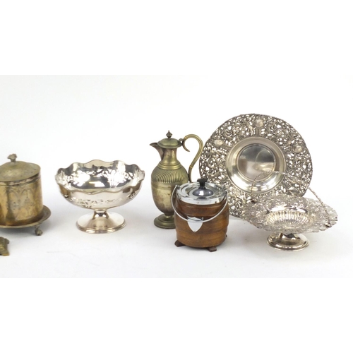 234 - Metalwares including Victorian brass candlesticks, silver plated fruit bowls and oak caddy