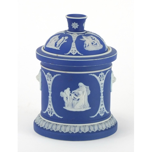 130 - Wedgwood blue and white Jasperware cache pot and cover, 16cm high