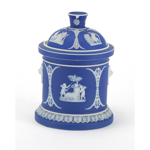 130 - Wedgwood blue and white Jasperware cache pot and cover, 16cm high