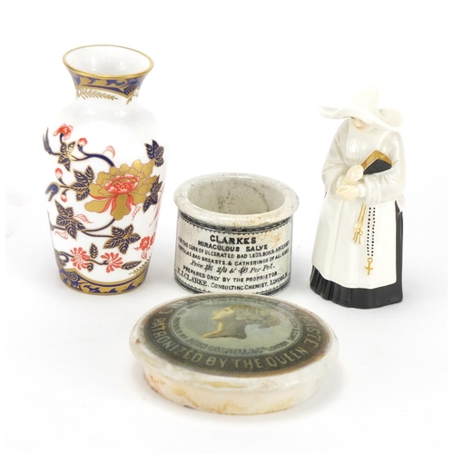 696 - China including a Prattware cherry toothpaste pot lid, Royal Worcester candle snuffer and Spode Imar... 