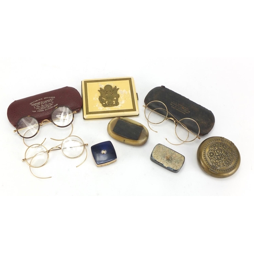 707 - Objects including snuff boxes, German cigarette case and vintage spectacles