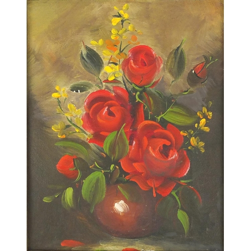 427 - Still life roses in a vase, oil on canvas, framed, 23cm x 17cm