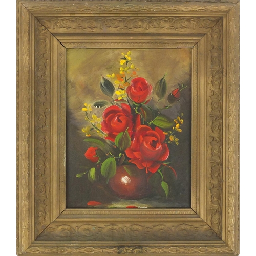 427 - Still life roses in a vase, oil on canvas, framed, 23cm x 17cm