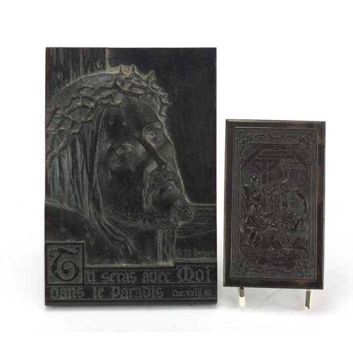 770 - Two religious wooden plaques, carved with Christ and The Birth of Jesus, the largest 18cm x 12cm