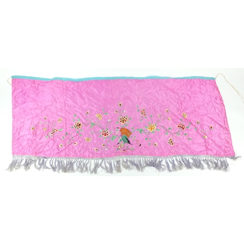 798 - Oriental silk embroidered hanging decorated with peacock amongst flowers, 185cm x 70cm