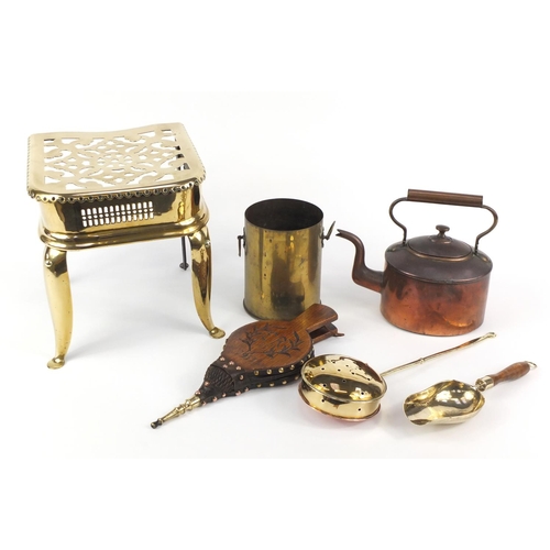 278 - Metalwares including a large brass trivet, commemorative oak fire bellows and copper teapot