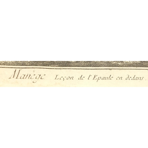 376 - Two French prints of cavalier's on horseback, titled 'Manége, each framed, 40cm x 26cm