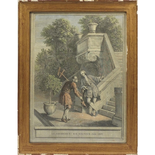 54 - French coloured print of figures, titled 'Le Ardinier Et Son Seigneur. Fable Lxiv, framed, 75cm x 55... 