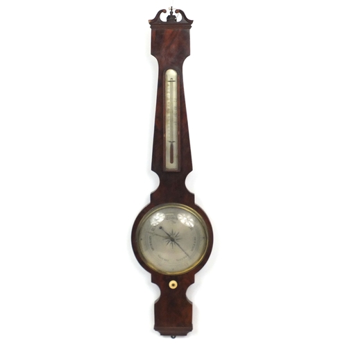 157 - Victorian mahogany banjo barometer with thermometer and silvered dials, 101cm high