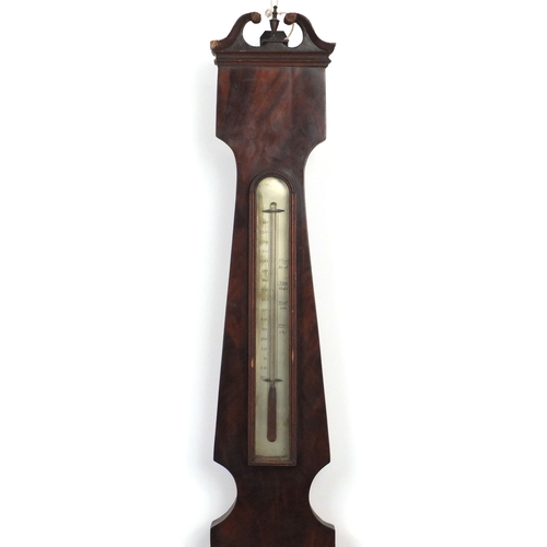 157 - Victorian mahogany banjo barometer with thermometer and silvered dials, 101cm high
