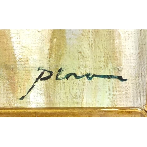 34 - Female flower seller, Italian school oil on board, bearing a signature Pino and inscriptions verso, ... 