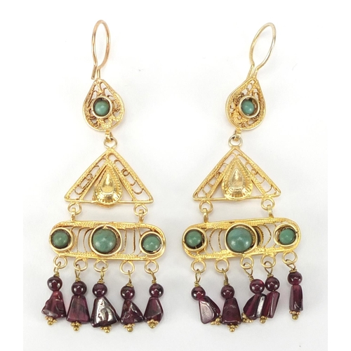 672 - Pair of antique style gilt metal earrings set with green and purple stones, 7.5cm in length, approxi... 