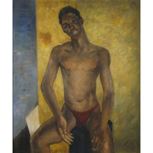 90 - Portrait of a seated nude male, African school oil on board, bearing a monogram DG and inscription v... 