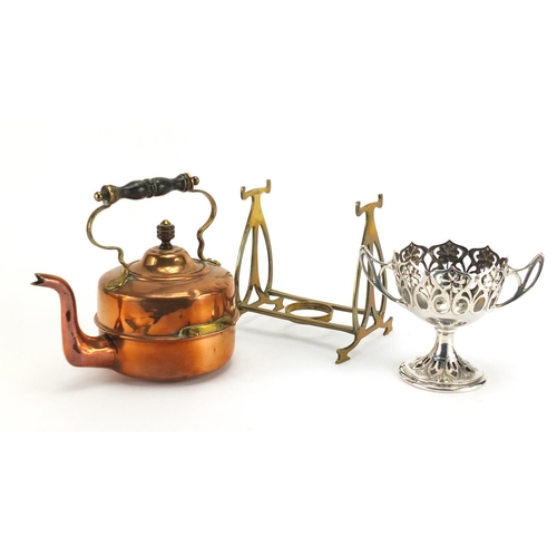 424 - Arts & Crafts copper and brass teapot on stand and a silver plated twin handled cup, the teapot 29cm... 