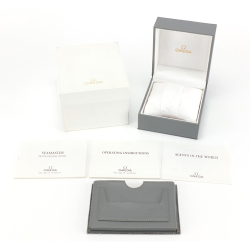 313 - Ladies Omega Seamaster grey leather watch box and cardboard sleeve