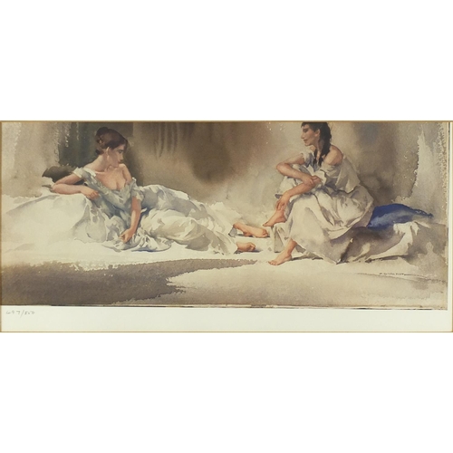 187 - William Russell Flint print, two females, limited edition 497/850, mounted and framed, 46cm x 21cm