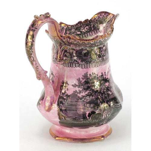457 - Victorian pottery lustre glazed jug, decorated with figures on a lake, 21cm high