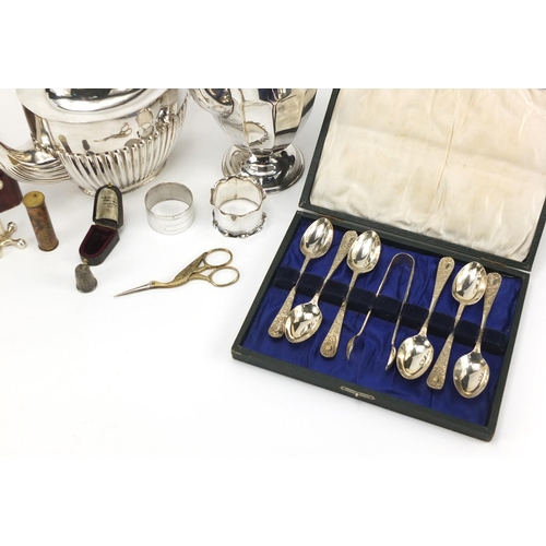 294 - Miscellaneous items including silver plated teapots, Japanese lacquered pen box and a silver napkin ... 