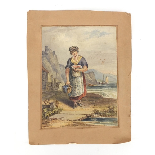 451 - Young female carrying food and a basket, watercolour on paper, unframed, 22cm x 16.5cm