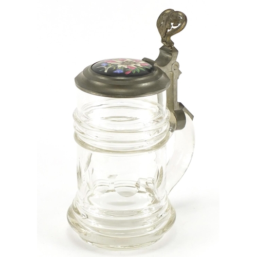 462 - Antique cut glass tankard with pewter mounts and hand painted panel to the lid, 19.5cm high