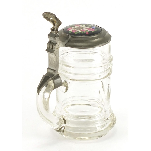 462 - Antique cut glass tankard with pewter mounts and hand painted panel to the lid, 19.5cm high
