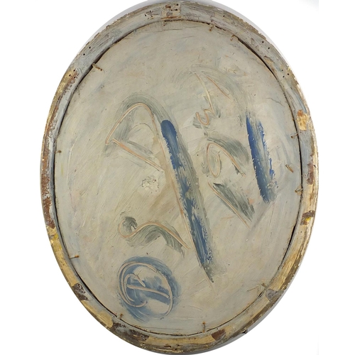 403 - Abstract composition, oval impasto oil on board, bearing a monogram SD and inscription verso, framed... 