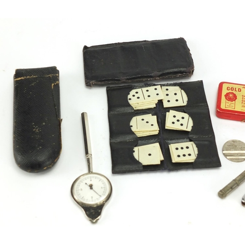 698 - Objects including vintage advertising tins, dominoes and miniature Crown Jewels
