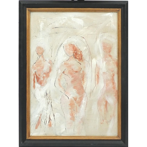 58 - Three nude figures, mixed media on board, mounted and framed, 55cm x 39cm