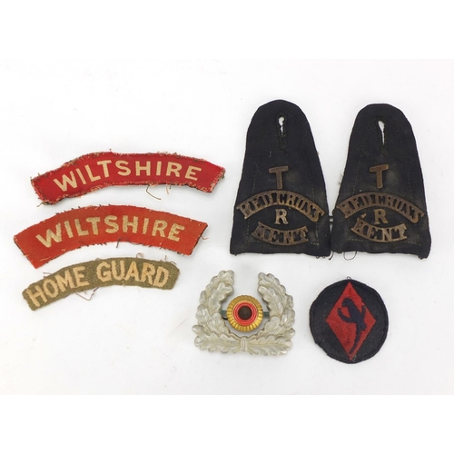 1028 - Military interest cap badges and cloth patches including Wiltshire and Kent Red Cross