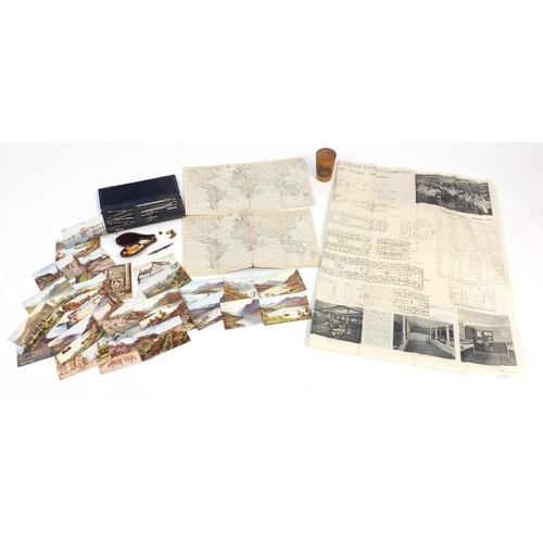 1030 - Objects including a meerschaum pipe, Blair Castle mauchline ware box and cover, postcards, gold plat... 