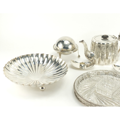 236 - Silver plate including teapot, fruit bowl, trefoil dish and a pair of breakfast servers
