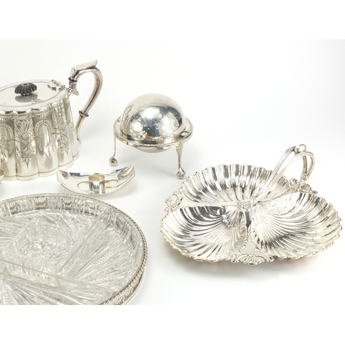 236 - Silver plate including teapot, fruit bowl, trefoil dish and a pair of breakfast servers