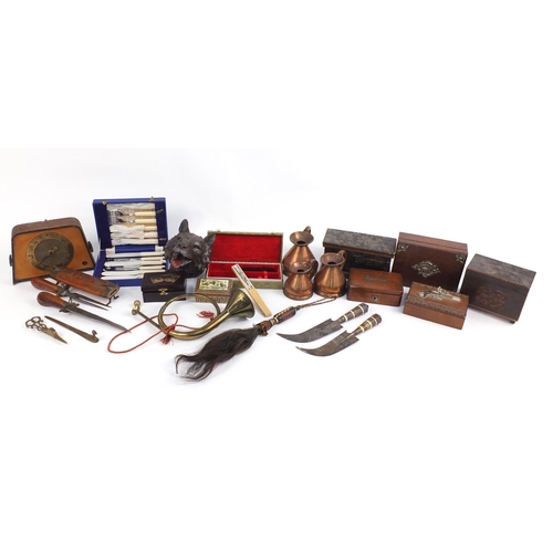 254 - Miscellaneous items including wooden boxes, one with applied silver lettering, copper measures, a Py... 