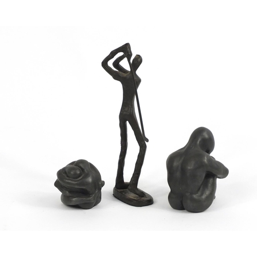 522 - Bronze golf figure and two modernist sculptures, the largest 19cm high