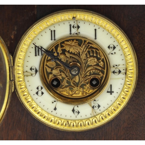 532 - Oak mantel clock with gilt dial, enamelled chapter ring and silver presentation label, 27cm high