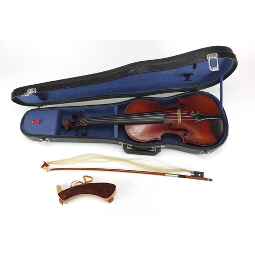 170 - Child sized wooden violin with bow and case