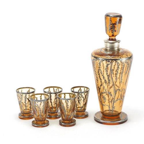 549 - Silver overlaid glass decanter and five glasses