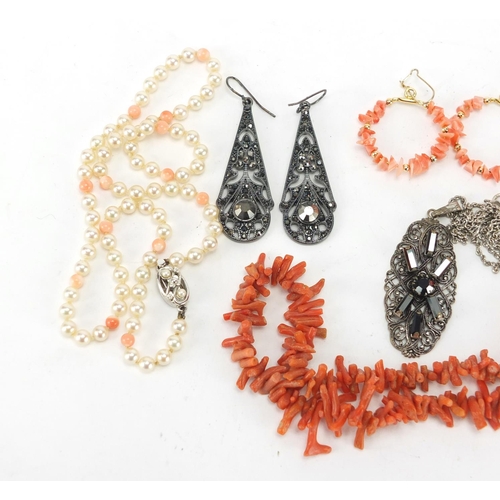 339 - Costume jewellery including simulated pearl necklace with silver clasp, coral necklace with 9ct gold... 