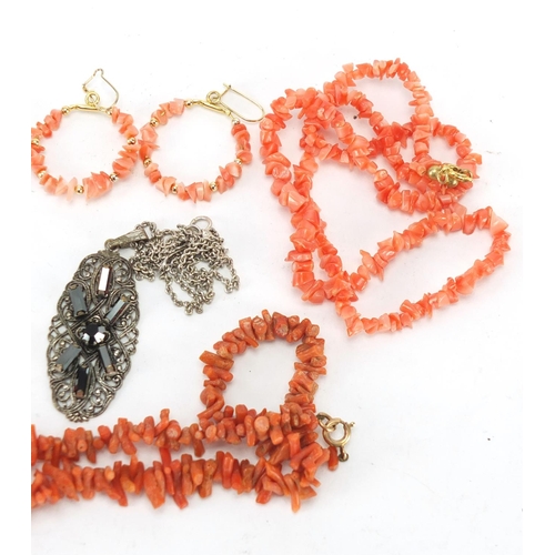 339 - Costume jewellery including simulated pearl necklace with silver clasp, coral necklace with 9ct gold... 