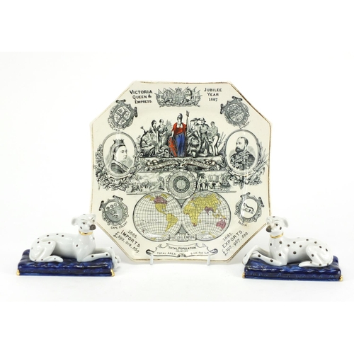 527 - Pair of Staffordshire style recumbent dalmatians and a Queen Victoria 1887 Jubilee year plate