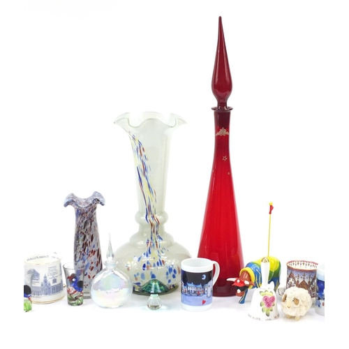 257 - China and glassware including Murano vases, commemorative cups and a Royal Crown Derby pin dish