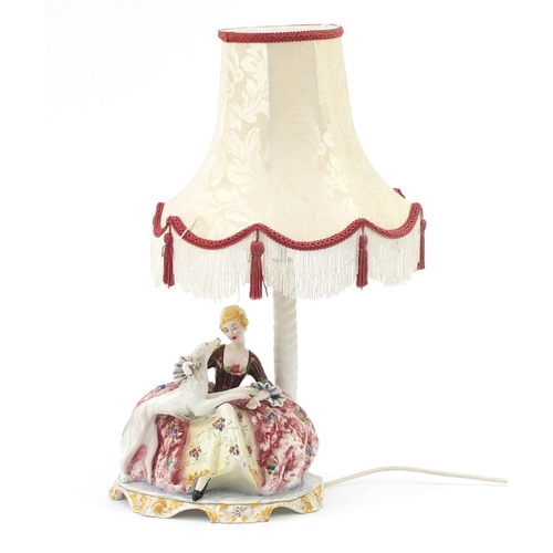 131 - Capodimonte style figural table lamp with shade, 55cm high