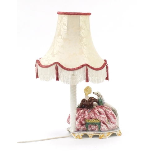 131 - Capodimonte style figural table lamp with shade, 55cm high