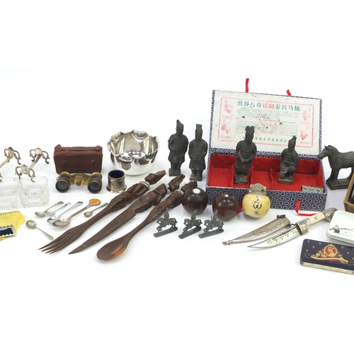789 - Miscellaneous items including terracotta army figures, African art, silver plated knife rests, carpe... 