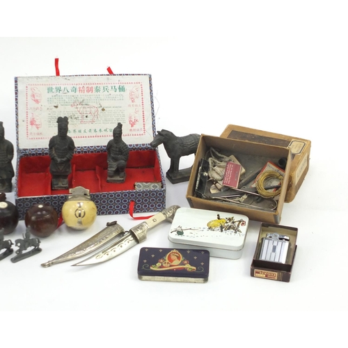 789 - Miscellaneous items including terracotta army figures, African art, silver plated knife rests, carpe... 