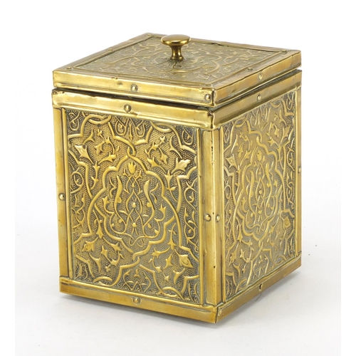 749 - Art Nouveau brass tea caddy, embossed with stylised motifs, 15cm high