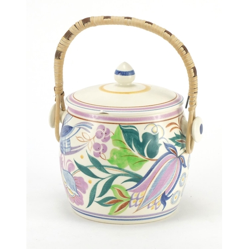 147 - Poole pottery hand painted biscuit barrel and cover, 15.5cm high